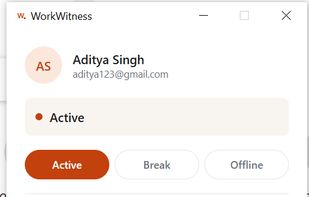 The WorkWitness desktop app gives employees full visibility into their activity status, active hours, break time, and tracked applications. Employees can switch between Active, Break, and Offline modes while viewing their daily work summary, reinforcing transparency and trust.
