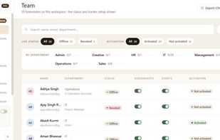 Get a real-time overview of your entire team from a single dashboard. View employee status, activation status, departments, screenshots, event tracking settings, and workspace activity. Quickly identify active, offline, or unactivated team members without digging through multiple reports.
