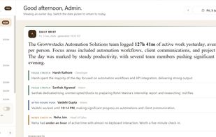 Every morning, WorkWitness automatically generates an AI-written summary of your team's previous workday. Highlight focus sessions, after-hours effort, potential blockers, and productivity trends. Delivered directly to managers via WhatsApp and email—no dashboard required.