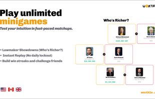 Head-to-head showdown minigames comparing net worths across lawmakers.