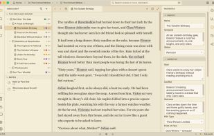 Manuscript editor with chapter and scene navigation, plus scene properties for goal, conflict, outcome, and point of view.