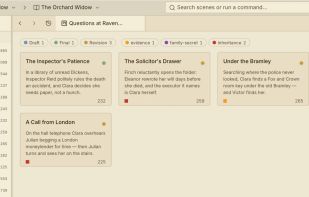 Corkboard scene cards show synopses and statuses; rearranging cards changes manuscript order.