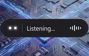 The glassmorphic floating widget in listening mode. It features real-time waveform feedback and an animated avatar, designed to process your voice without ever stealing window focus.