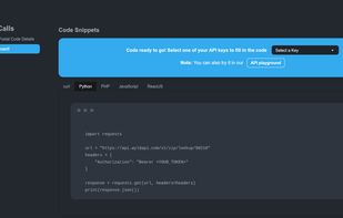 Simple API request code in major programming languages. Select a key. Copy/paste and go