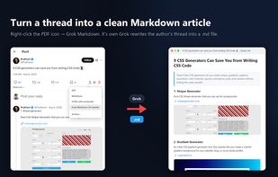 Right-click the PDF action on an X thread to export a Grok-rewritten Markdown article.
