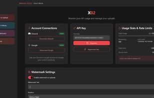 User dashboard showing upload management, API key generation, usage limits, account connections, watermark settings, and a gallery of uploaded files.