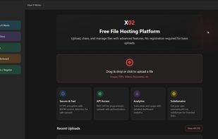 Main upload interface of x02 with drag-and-drop file uploads, supported file types, and quick access to API, analytics, and subdomain features.