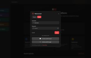 Login and registration interface with username/password authentication and OAuth login via Discord and Google.