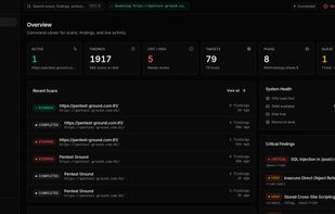 Self-hosted Xalgorix overview with active scans, findings, and system health.