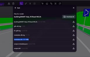 Information extracted from BIM model

Focus on the data within the BIM model. Easily get .db (SQLite) file or a .json file separated from the geometry for further processing. Check out also the log files for performance and quality assurance.