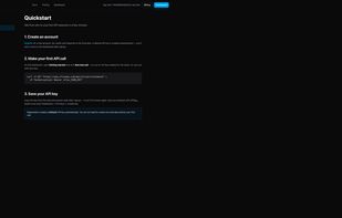 Developer quickstart guide with step-by-step setup, curl examples, and links to API reference, monitors, and webhooks.