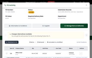 View itemized breakdowns for each purchase order including quantities, pricing, and supplier information.