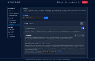 Filtering profile for a group of devices, e.g. your children's: advanced filtering, app blocking (YouTube, TikTok, Instagram, Facebook) and an internet schedule.
