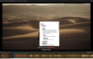 Y'ALL Media Player timeline with editable subtitled clips and instant dictionary popup on subtitles hover via Yomitan integration