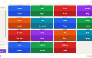 Pairs grid — 30 students randomly paired into 15 colour-coded groups, with the student name list on the left and shuffle button at the bottom.