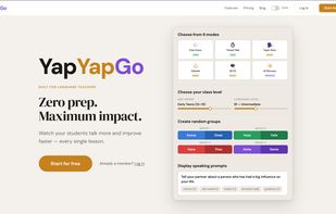 Landing page — Marketing homepage showing the YapYapGo logo, tagline "Zero prep. Maximum impact.", and a preview of the 6 speaking modes, class level sliders, student groups, and a sample speaking prompt with vocabulary chips.