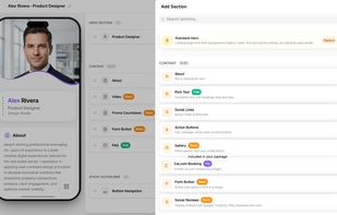 Modular card builder - Add sections as you need them. Choose from About, Rich Text, Social Links, Action Buttons, Gallery, Cal.com Booking, Form Button, Social Reviews, Video, Promo Countdown, FAQ, and more. Each module is drag-and-drop with free and paid tiers clearly marked.
