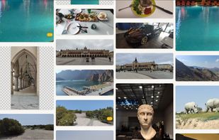 Visual media browser with Pinterest-style layout. Four viewing modes available: Masonry, Table, Kanban, and Map for location-tagged assets.