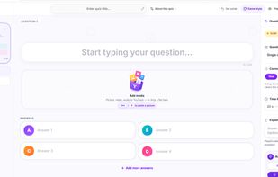 The quiz editor — write your questions, add images and video, and pick from 15 question types. AI-generated quizzes land here for you to review and tweak before hosting.