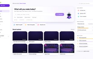 The creator dashboard — type a topic, paste notes or drop in a link, and the AI writes a ready-to-host quiz. Quick imports from YouTube, PDF or a website.