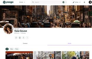 Personal profile media gallery showcasing photos and videos, with filtering and social profile features.