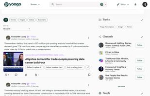 Content discovery feed combining stories, images, videos, bookmarks, topics, channels, people, businesses, and hashtags in one browsing experience.