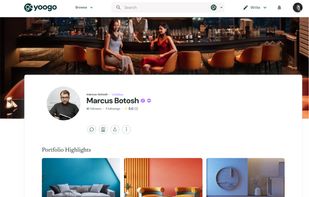 Professional profile with customizable background, portfolio highlights, media gallery, follower information, ratings, and profile interaction tools.