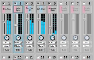 Mixer controls in 8x2 configuration, with 6 active parts
