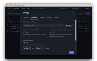 Download settings: default folder, how many run at once, a per-host limit, and an allowed time window.