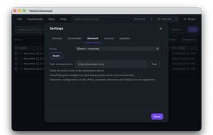 Network settings: an explicit proxy choice and a connection test against a destination you pick.