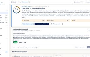 CV Studio: a CV tailored to a job description, with each change shown to keep, undo or edit