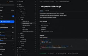 Page-based note-taking interface with a hierarchical knowledge tree and a learning-ready note.