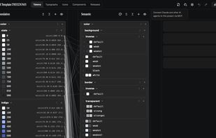 Three-layer token editor: foundation feeds semantic feeds component, with live reference lines.