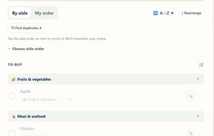 Grocery items automatically organized by store aisle. Zamilist groups products into categories such as produce, meat, and dairy, making shopping faster and easier. Check off items, customize aisle order, and manage your grocery list in one place.