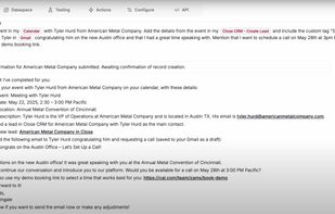 Zams handled it all: pulled Tyler Hurd’s event from my Calendar, updated Close CRM with a STAR tag, and drafted a personalized Gmail ready to send.