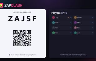The living-room screen: big room code, QR to join, and the whole crew on the board.