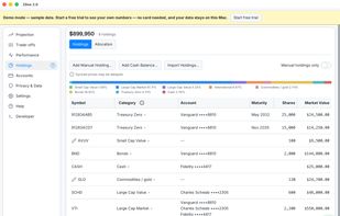 Holdings: every position with live prices and an allocation breakdown - synced from brokerages, imported from CSV, or entered manually.