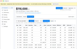Year-by-year detail: each year's spending, taxes, Social Security, RMDs, Roth conversions, and withdrawals, followed through one deliberately hard market.