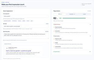 Edit focus keywords, SEO titles and meta descriptions, preview search appearance and review page analysis. Shown with sample content.