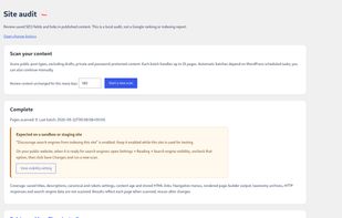 Scan saved SEO fields and content links in batches, then review findings such as orphan-page candidates and indexability settings. Shown on a test site.