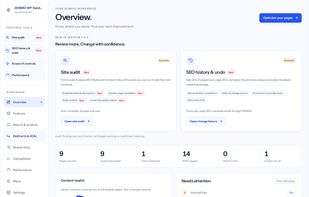 Overview of SEO checks, metadata coverage and recommended improvements, with access to site audits and change history. Shown on a test site.