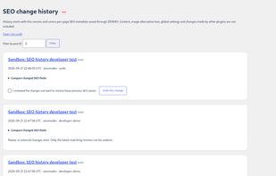 Review metadata revisions, compare changed fields and undo the latest matching change, with safeguards against overwriting newer edits. Shown with test records.