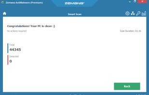 Zemana AntiMalware screen after cleaning a PC