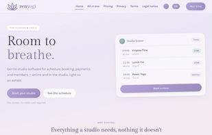 Zen Yogi homepage — gentle studio software for scheduling, booking, payments, and members