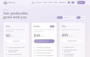 Pricing — Free, Studio ($49/mo), and Plus ($99/mo) plans; 7-day free trial, no credit card