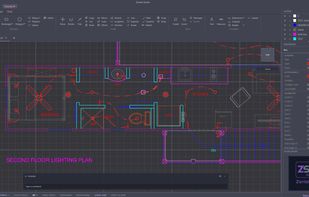 A 2D lighting plan — layers, linetypes, text and symbols on a real architectural drawing.