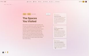 A weekly Mirror insight dated with a reflective summary of the user's visits to various spaces and three recommendations for anchoring routines, managing heavy moods, and reframing avoidance as intentional calm.