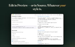 Edit rendered Preview and Markdown Source side by side; both views stay in sync.