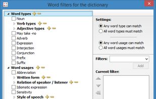 Word filters for dictionary