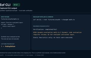 Captured Zof CLI 0.1.2 output from a synthetic TypeScript example. Static verification reports a dynamic-evaluation finding and exit code 1. The eval call was not executed; no tests were run.